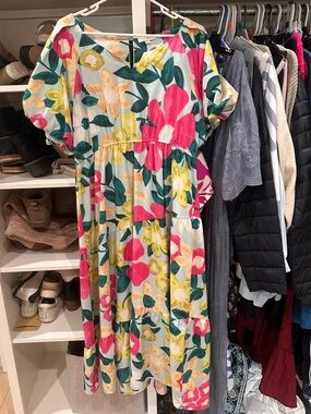 Umgee Floral Midi Dress in White, Pink, Yellow, Green